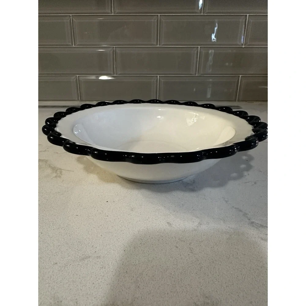 Anthropologie sasha White bowl With Navy Blue scalloped‎ fringe Edges
